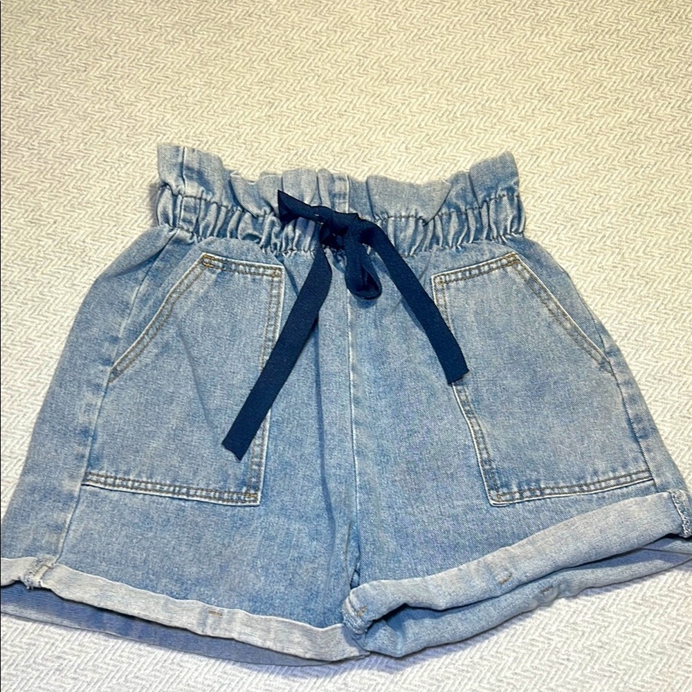 TEMT Paper bag Waist Light Blue Jean Shorts with Navy Tie.